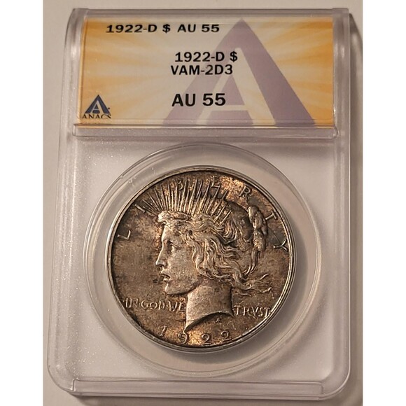 1922 D Peace Silver Dollar VAM-2D3 AU55 ANACS Toned - Picture 1 of 4
